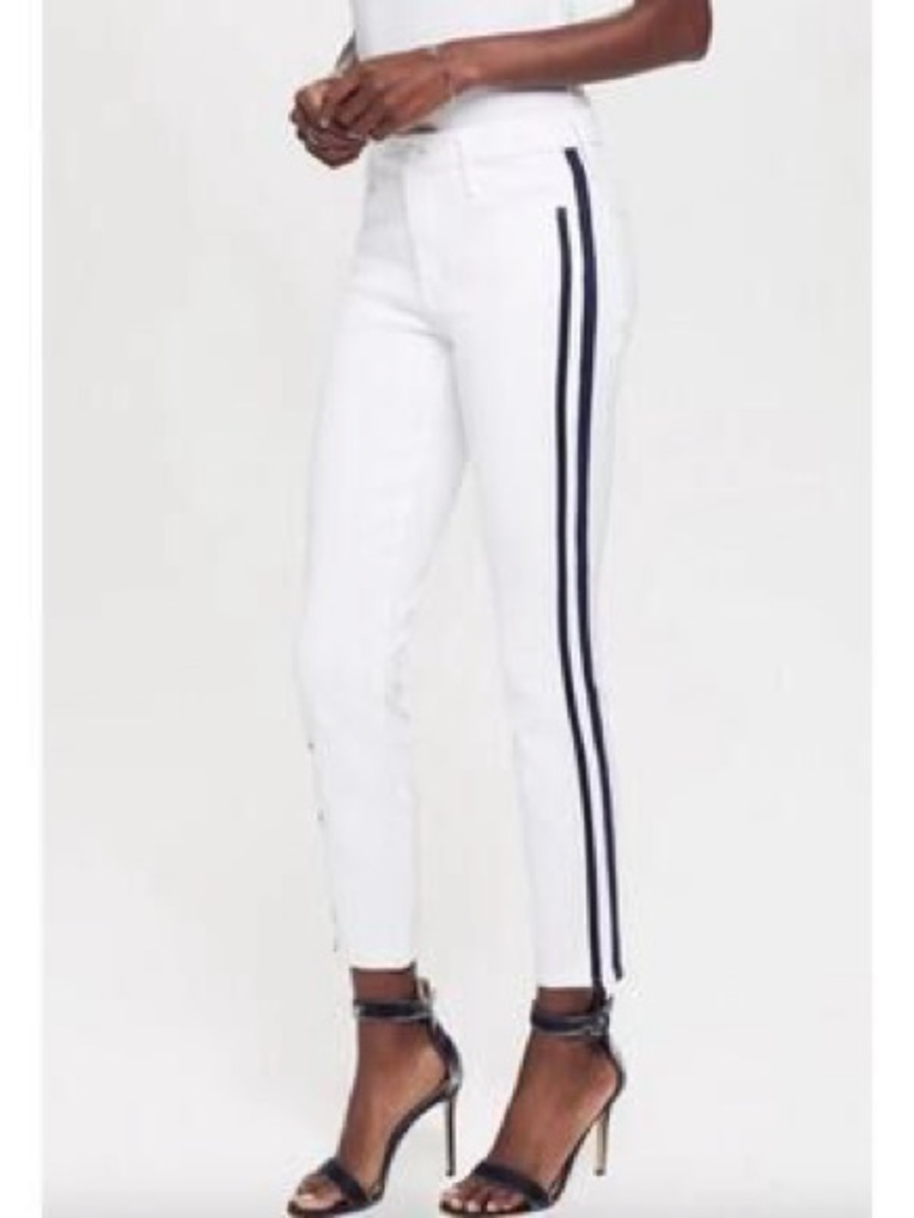 MOTHER White High-Rise Skinny Jeans with Navy Side Stripe